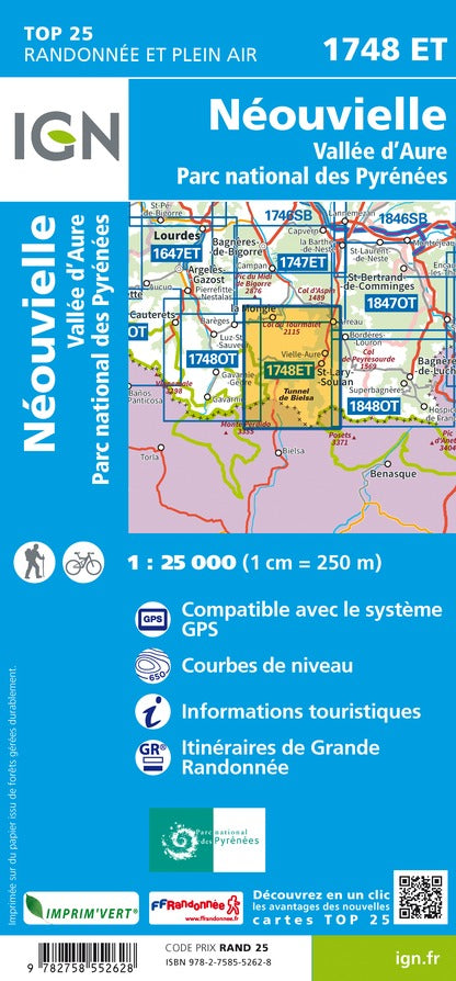 Carte TOP 25 n° 1748 ET - Néouvielle & Vallée d'Aure (Pyrénées) | IGN carte pliée IGN 