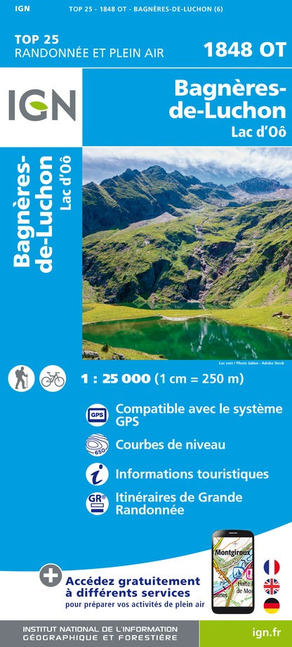 Carte TOP 25 n° 1848 OT - Bagnères-de-Luchon & Lac d'Oô (Pyrénées) | IGN carte pliée IGN 