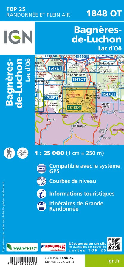 Carte TOP 25 n° 1848 OT - Bagnères-de-Luchon & Lac d'Oô (Pyrénées) | IGN carte pliée IGN 