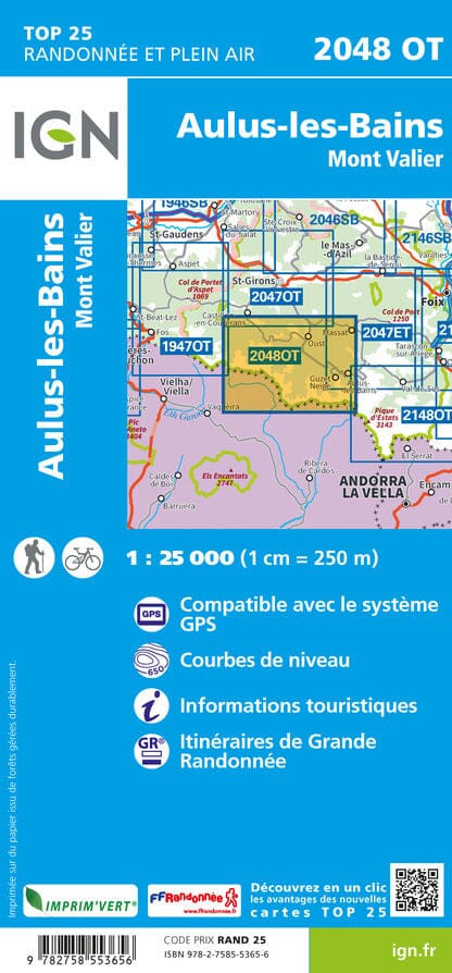 Carte TOP 25 n° 2048 OT - Aulus-les-Bains & Mont Valier (Pyrénées) | IGN carte pliée IGN 