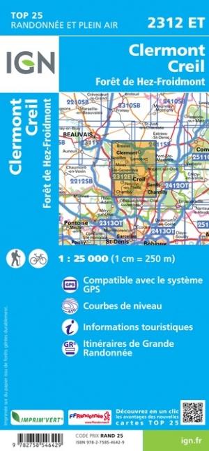 Carte TOP 25 n° 2312 ET - Clermont, Creil, Forêt de Hez-Froidmont | IGN carte pliée IGN 