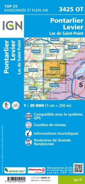 Carte TOP 25 n° 3425 OT - Pontarlier, Levier, Lac de St-Point | IGN carte pliée IGN 