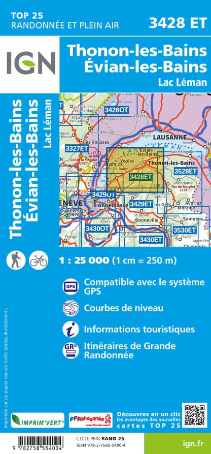 Carte TOP 25 n° 3428 ET - Thonon-les-bains, Evian-les-Bains & lac Léman (Alpes) | IGN carte pliée IGN 