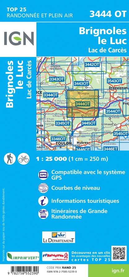 Carte TOP 25 n° 3444 OT - Brignoles, Le Luc, Lac de Carcès | IGN carte pliée IGN 