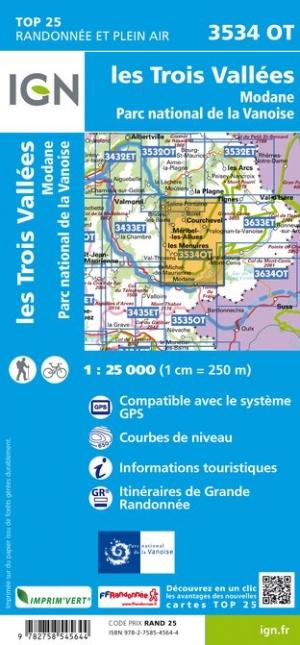 Carte TOP 25 n° 3534 OT - Les Trois Vallées & Modane (PN de la Vanoise) | IGN carte pliée IGN 