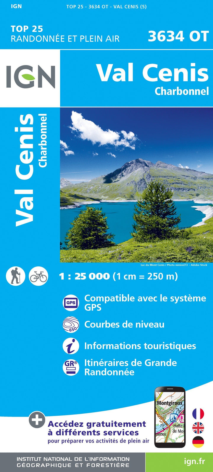Carte TOP 25 n° 3634 OT - Val Cenis & Charbonnel (Alpes) | IGN carte pliée IGN 