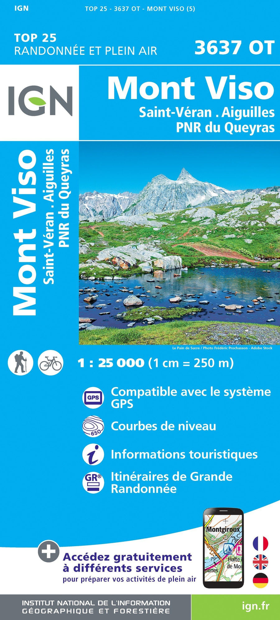 Carte TOP 25 n° 3637 OT - Mont Viso, St Véran et Aiguilles (Queyras) | IGN carte pliée IGN 