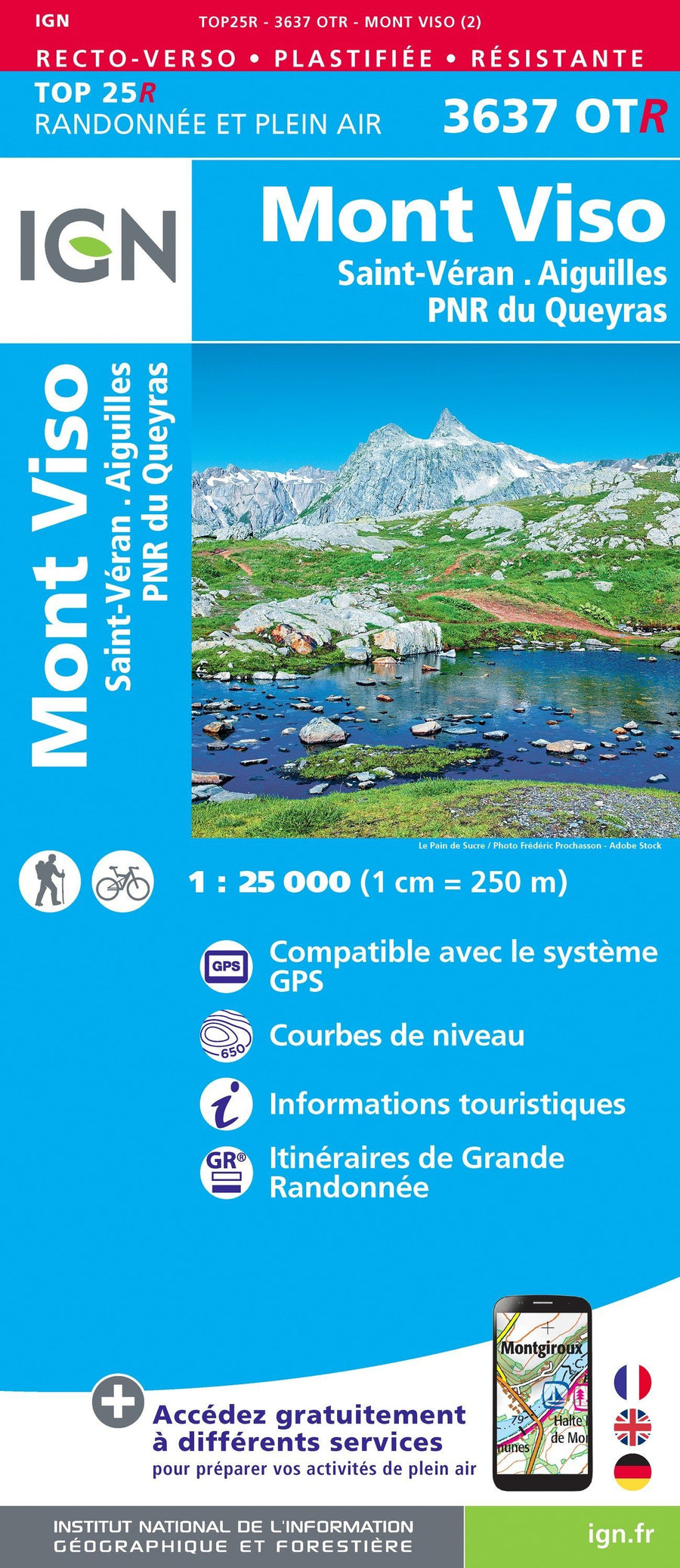 Carte TOP 25 n° 3637 OTR (résistante) - Mont Viso, St Véran & Aiguilles (Queyras) | IGN carte pliée IGN 