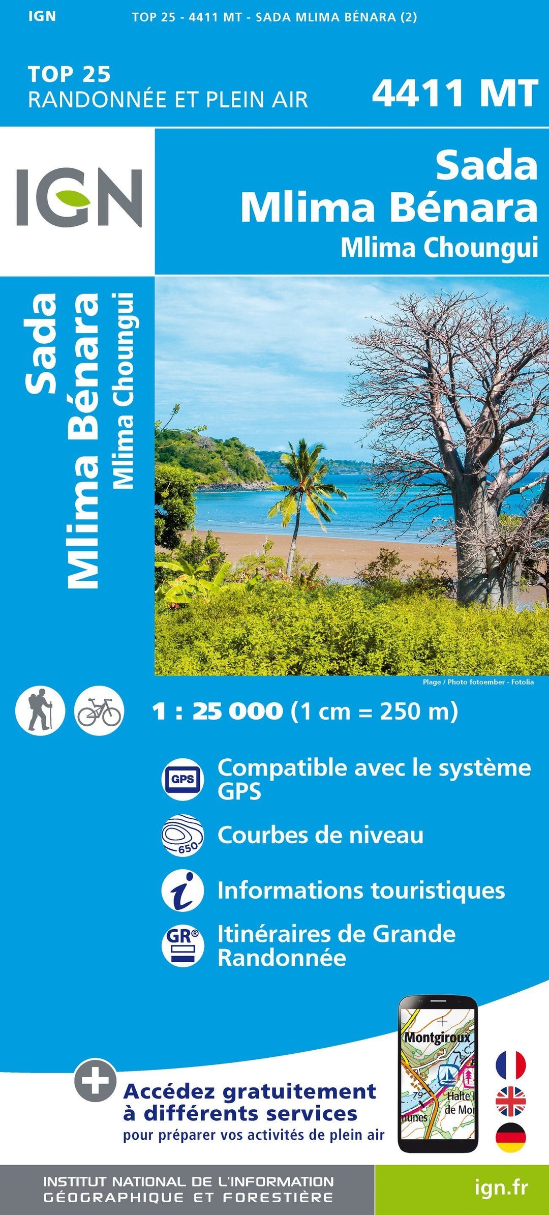 Carte TOP 25 n° 4411 MT - Mayotte Sud (archipel des Comores), Sada, Mlima Bénara, Mlima ChounguiI | IGN carte pliée IGN 