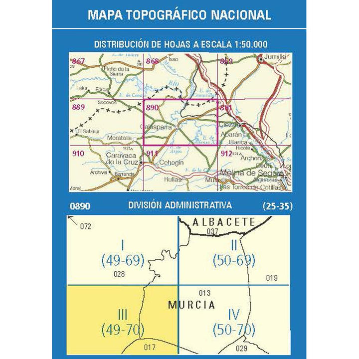 Carte topographique de l'Espagne n° 0890.3 - Calasparra | CNIG - 1/25 000 carte pliée CNIG 