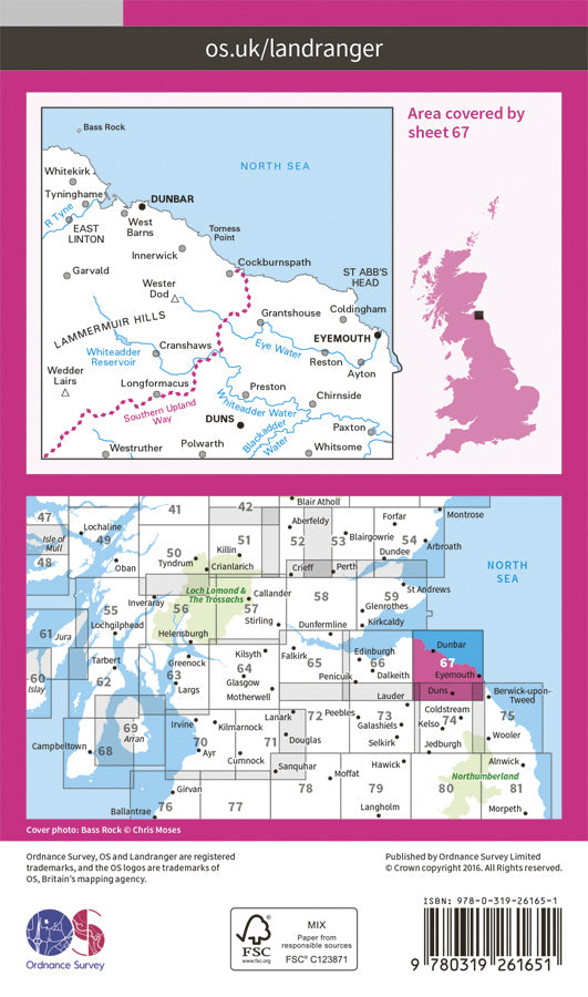 Carte topographique n° 067 - Duns, Dunbar, Eyemouth (Grande Bretagne) | Ordnance Survey - Landranger carte pliée Ordnance Survey Papier 