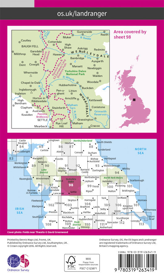 Carte topographique n° 098 - Wensleydale, Upper Wharfedale (Grande Bretagne) | Ordnance Survey - Landranger carte pliée Ordnance Survey Papier 