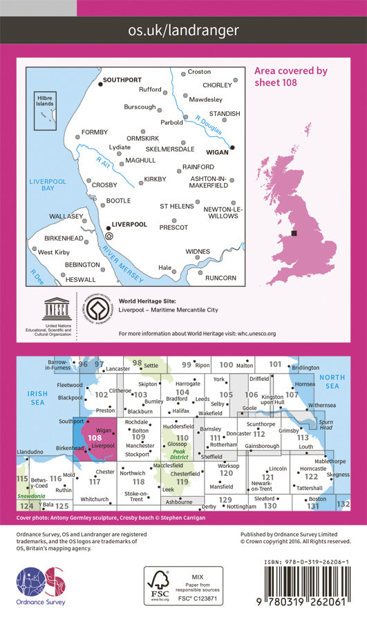 Carte topographique n° 108 - Liverpool (Grande Bretagne) | Ordnance Survey - Landranger carte pliée Ordnance Survey Papier 