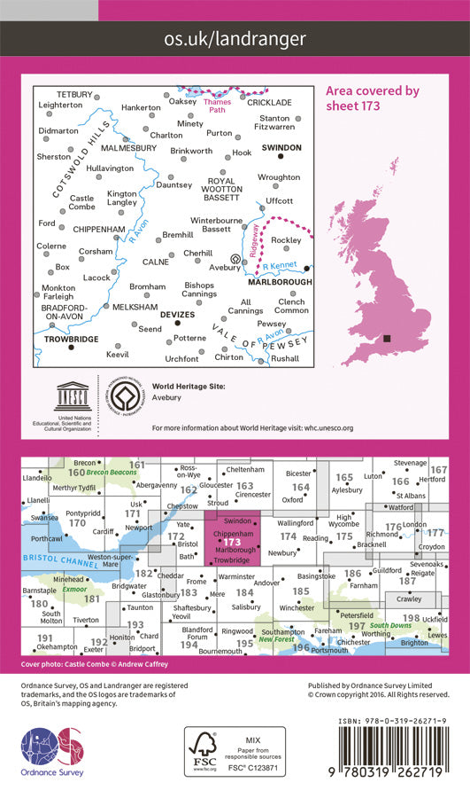 Carte topographique n° 173 - Swindon, Devizes, Marlborough, Trowbridge (Grande Bretagne) | Ordnance Survey - Landranger carte pliée Ordnance Survey Papier 
