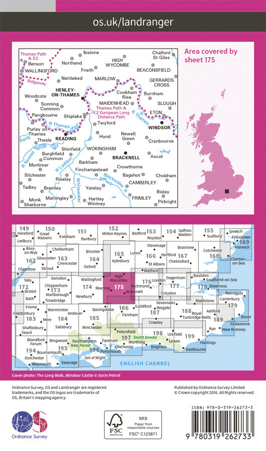 Carte topographique n° 175 - Reading, Windsor, Henley-on-Thames, Bracknell (Grande Bretagne) | Ordnance Survey - Landranger carte pliée Ordnance Survey Papier 
