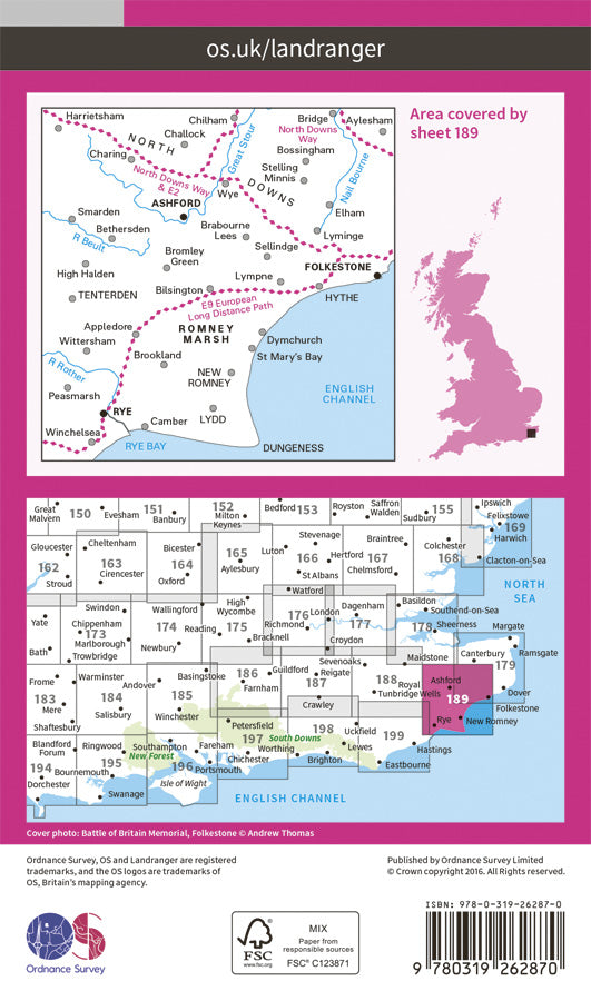 Carte topographique n° 189 - Ashford, Romney Marsh (Grande Bretagne) | Ordnance Survey - Landranger carte pliée Ordnance Survey Papier 