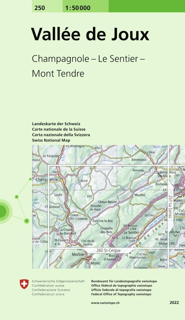 Carte topographique n° 250 - Vallée de Joux (Suisse) | Swisstopo - 1/50 000 carte pliée Swisstopo 